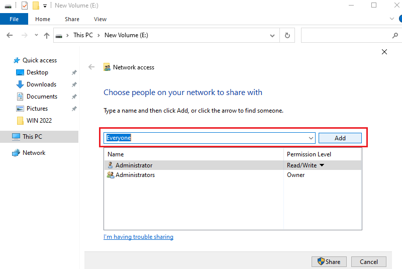 Configure shared folder on Windows Server 2022