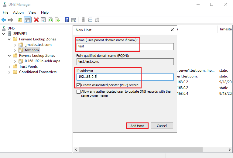 Create DNS A and PTR Record on Windows Server 2022
